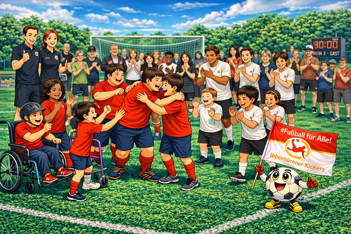 Eine inklusive Fußballgruppe jubelt gemeinsam nach einem Tor, während Eltern, Trainer und Mitspieler am Spielfeldrand klatschen und die Szene begleiten.