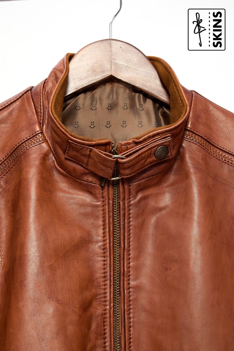 SKINS Odh : Leather Moto Jacket with Stand Collar (Cognac Brown)