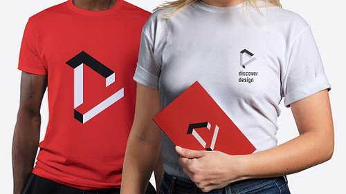 Mockup showing a man wearing a red T-shirt with a large central Discover Design logo icon, and a woman wearing a white T-shirt with a small vertical logo on the left chest while holding a red notebook with the logo centred on the cover.