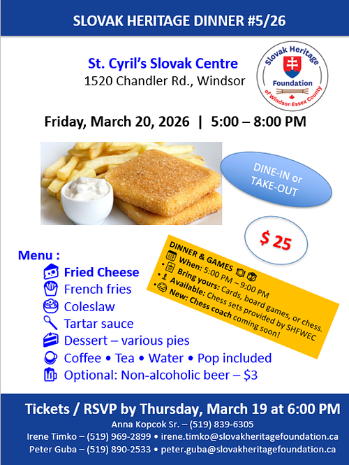 Slovak Heritage Dinner &ndash; Friday, March 20, 2026
