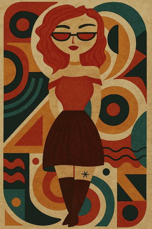 A red-haired woman with glasses stands confidently against a vibrant geometric background. Her outfit is complemented by abstract shapes.