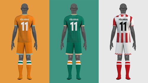 Back view of Werder Bremen home, away, and third full kit concepts displayed side by side on mannequins.